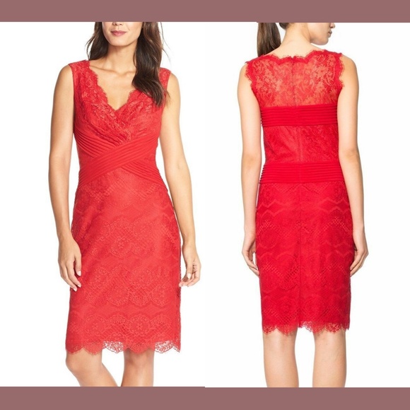 NEW Tadashi Shoji Luele‎ Mixed Media Sheath Dress in Peppermint Red [SZ 6 ]